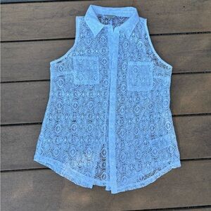 Guess White Lace Button Down Sleeveless Top